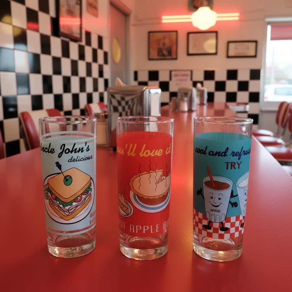 Home Essentials "Retro Diner" Glass Tumblers, Set of 3, Vintage Inspired Glasses